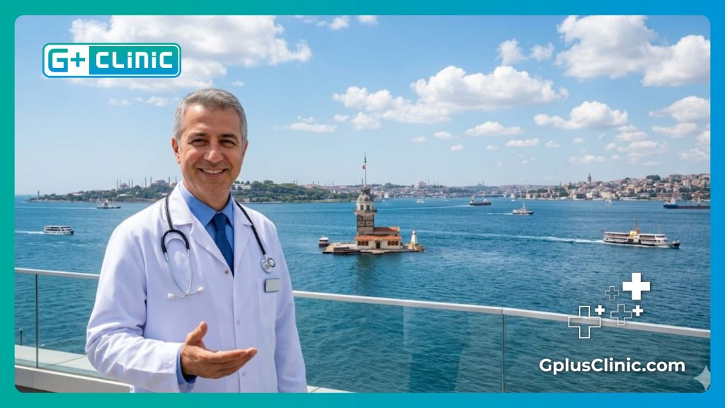 Welcoming doctor in Istanbul inviting patients for medical tourism by the Bosphorus Strait