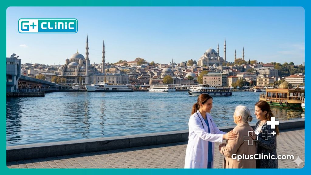 Doctor sonriente dando la bienvenida a un paciente en la ciudad de Estambul.