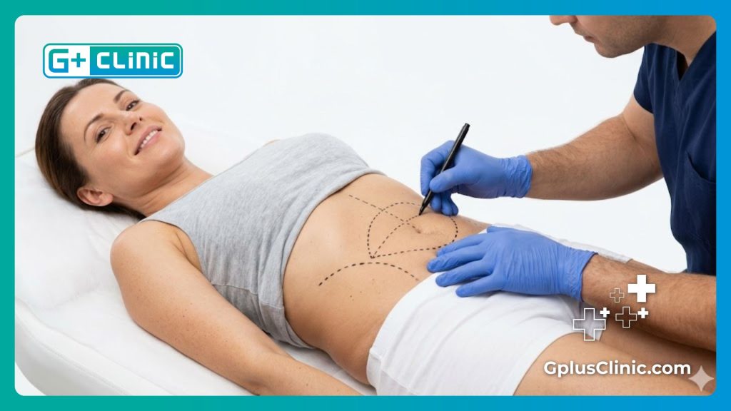 طبيب يقوم برسم خطوط جراحية دقيقة على بطن المريضة استعداداً لعملية آمنة.