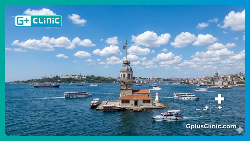 Médico dando la bienvenida al paciente en Estambul con vistas icónicas