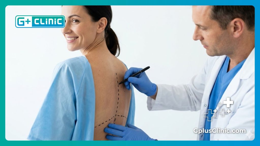 Médecin traçant des repères chirurgicaux de précision sur le dos d'un patient