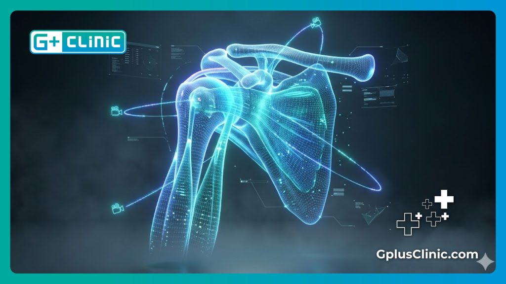 High-tech digital 3D mesh visualization of the human shoulder joint anatomy