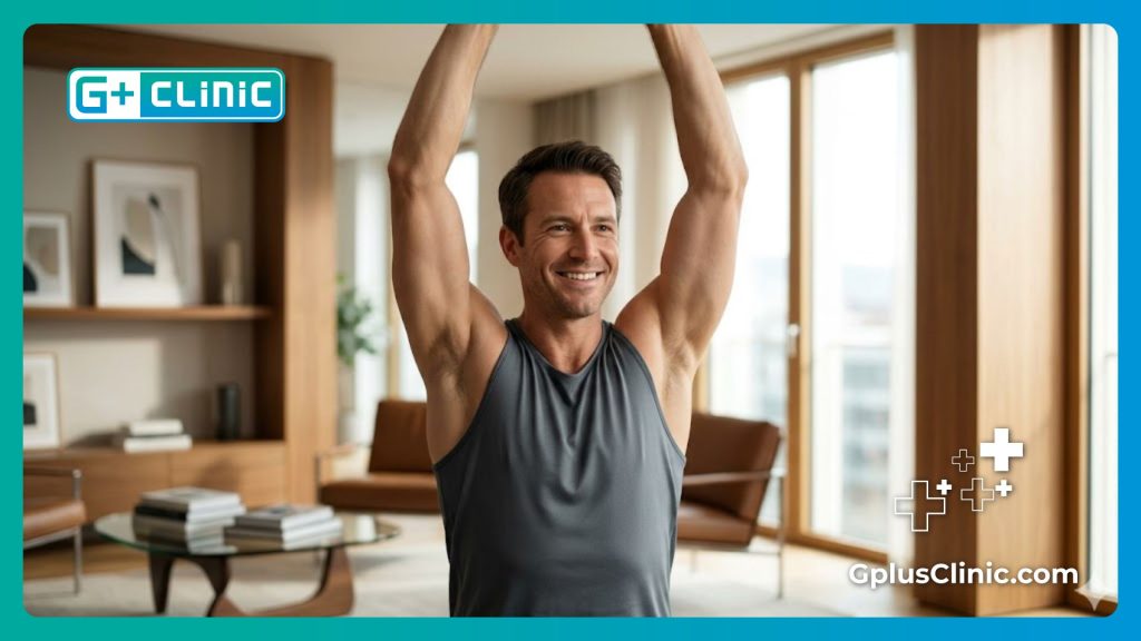 Fit and happy patient demonstrating perfect shoulder mobility after a successful procedure