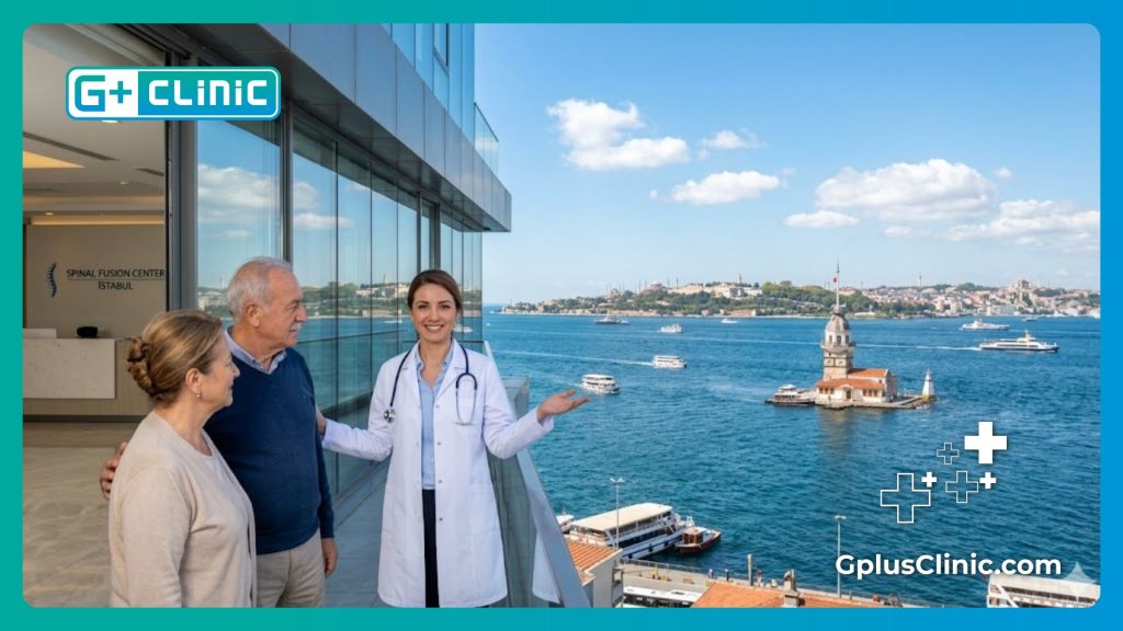 Friendly doctor welcoming a patient to Istanbul for orthopedic treatment with the Bosphorus in the background