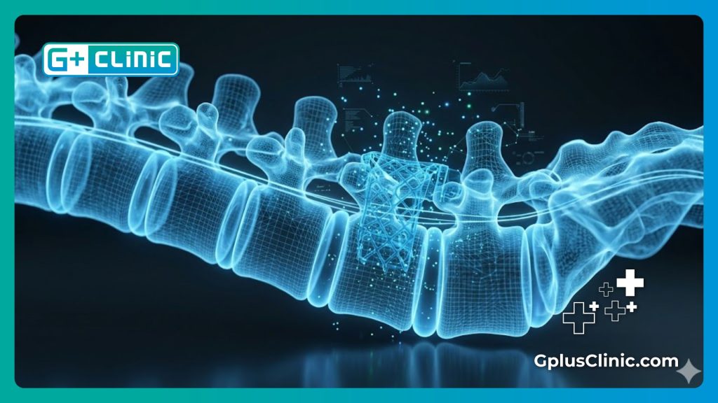 High-tech digital mesh scan showing the anatomy and repair of spinal vertebrae