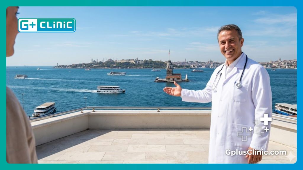 Friendly doctor welcoming a patient to Istanbul with the Bosphorus in the background