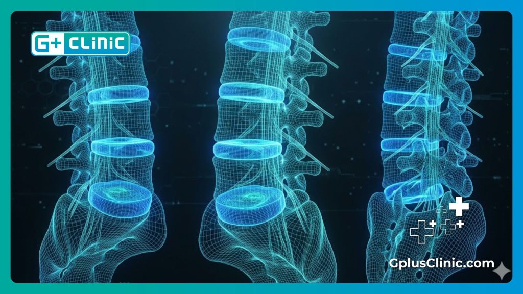 High-tech digital mesh visualization of the human spine and spinal discs.