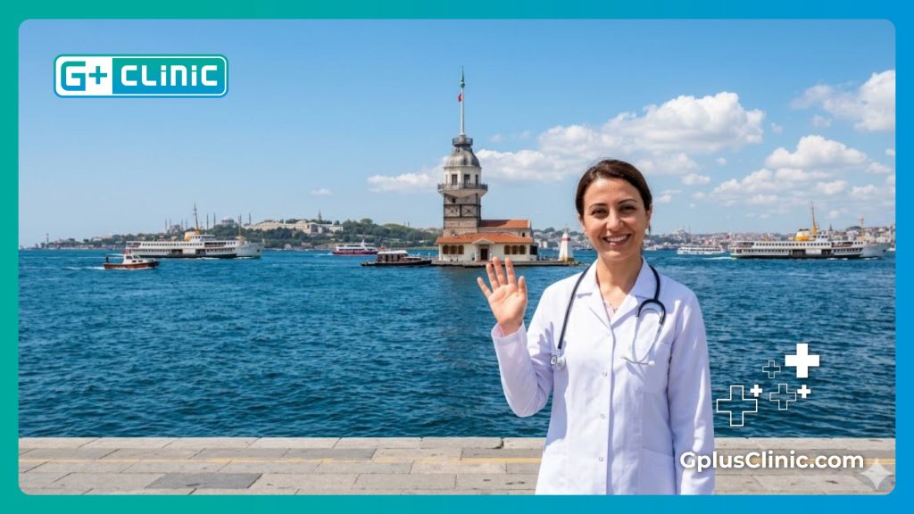 Welcoming doctor standing before the Bosphorus Strait in Istanbul.