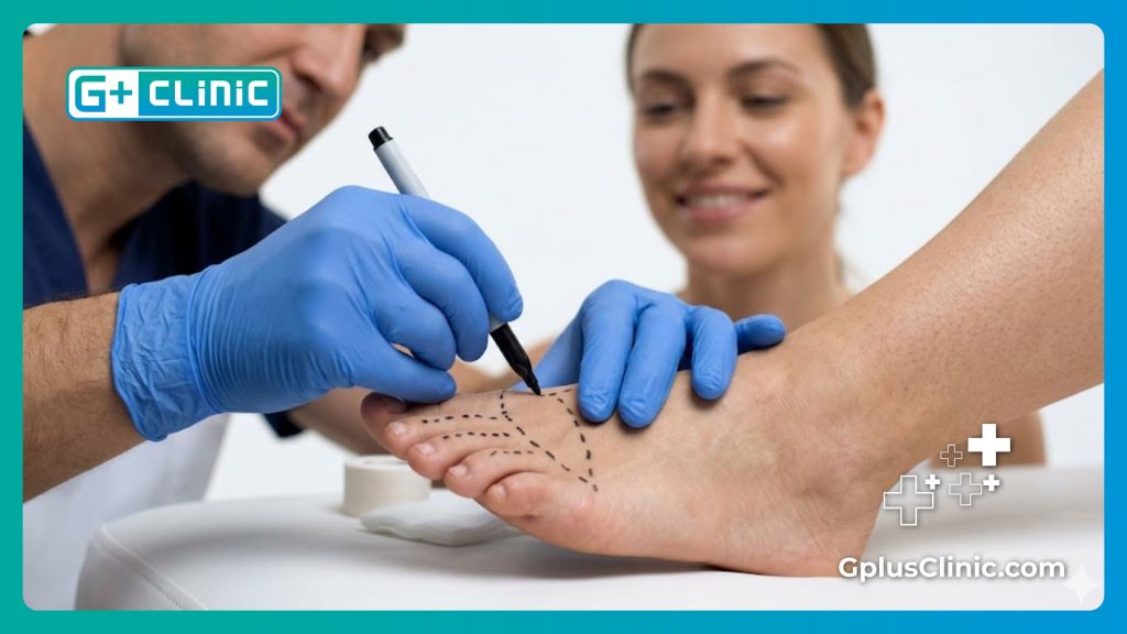 Surgeon carefully marking the foot for precise orthopedic correction.
