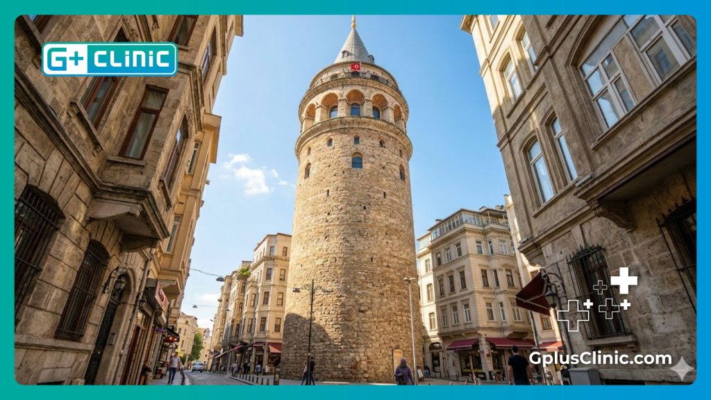 Beautiful sunny view of the historic Galata Tower in Istanbul.