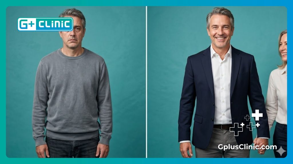 Digital split-screen representation showing the transformation in patient confidence.