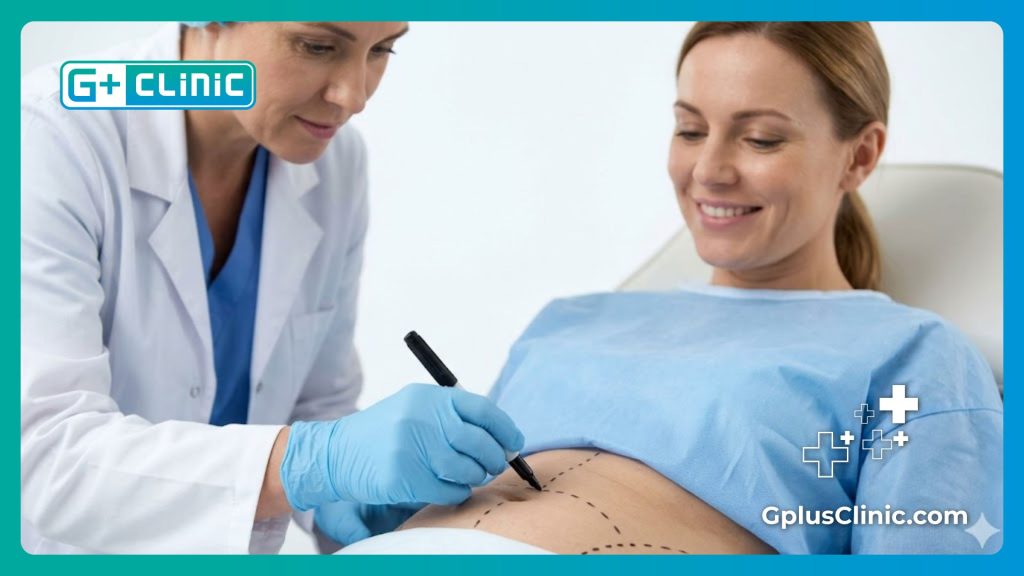 جراح تجميل يقوم بوضع العلامات الطبية بدقة على منطقة البطن قبل العملية