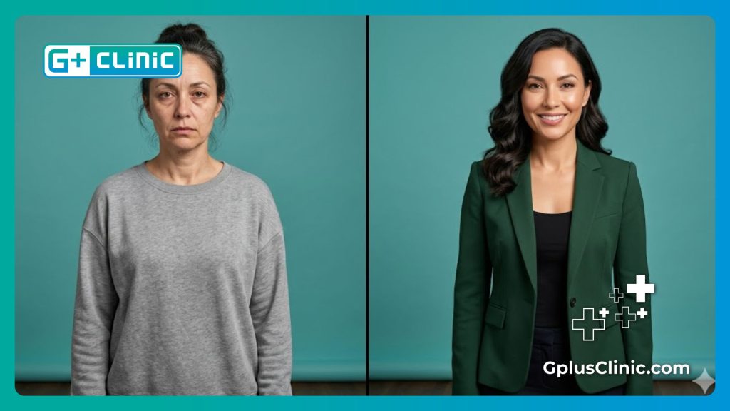 Comparaison avant et après d'une patiente ayant subi une chirurgie du ventre.