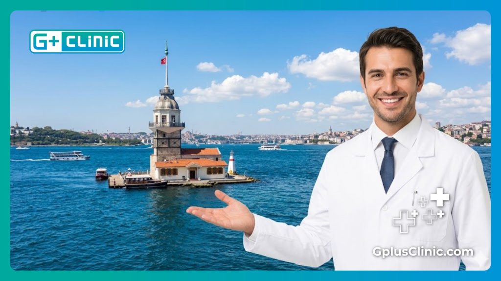 Médico amable dando la bienvenida a un paciente en Estambul con vistas al Bósforo