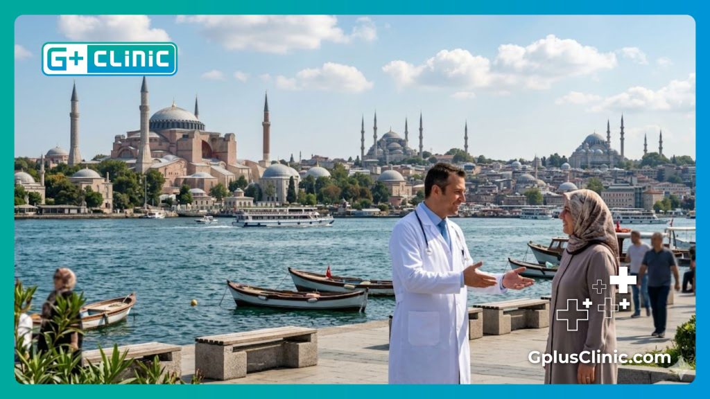 طبيب يرحب بالمريضة في اسطنبول مع خلفية مسجد آيا صوفيا.