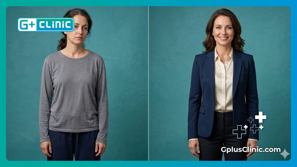 Split-screen visualization of a woman before and after recovering from pelvic floor issues.
