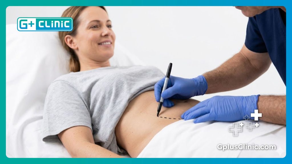 Close-up of a surgeon making precise surgical markings for a gynecological procedure.