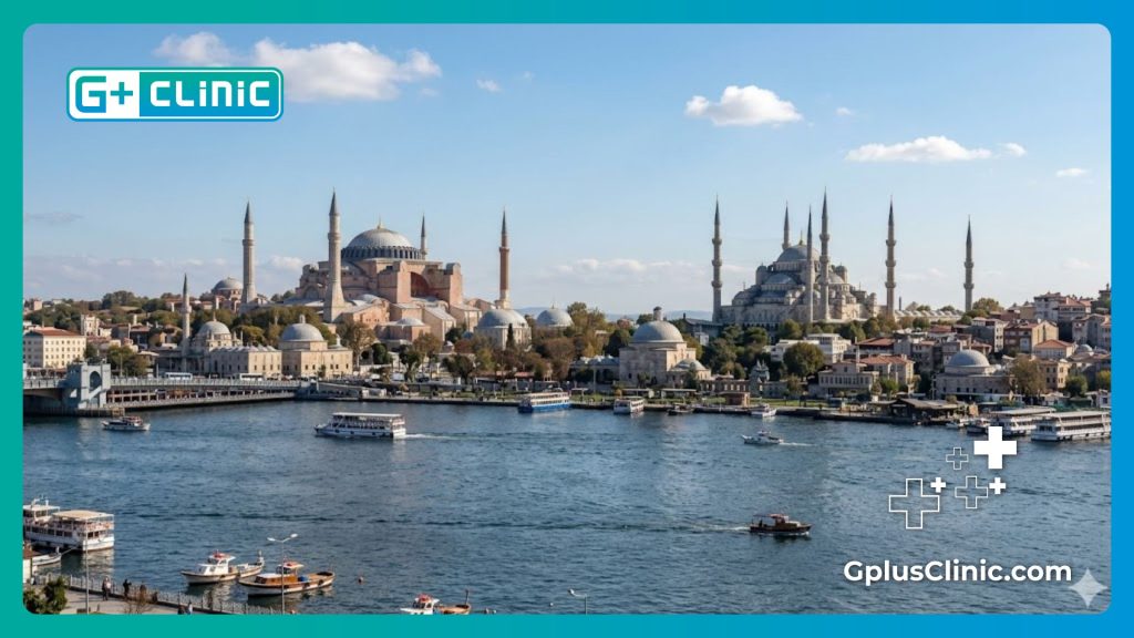Daytime panoramic view of the Golden Horn and Hagia Sophia in Istanbul.
