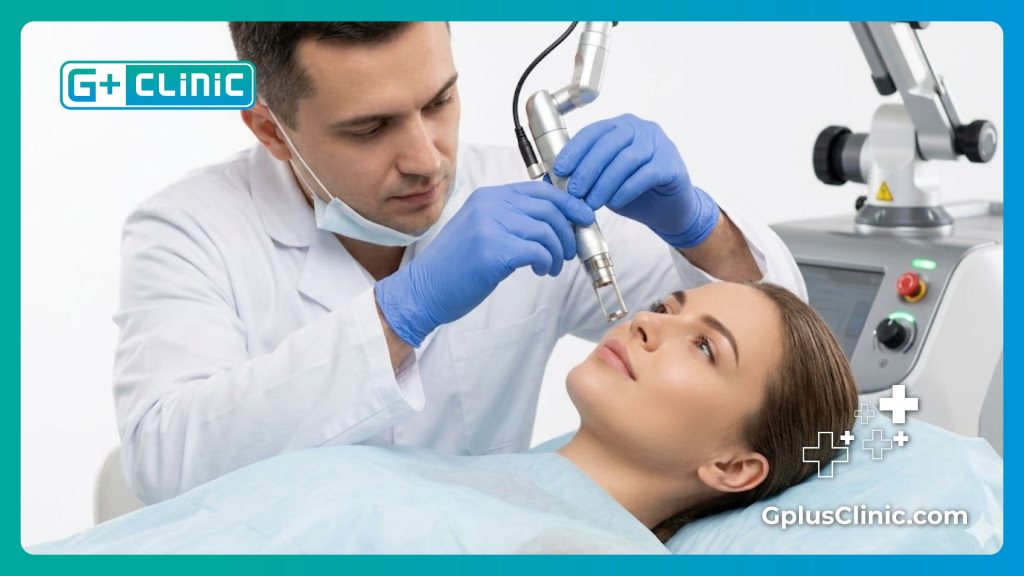 Cinematic focus on the flawless medical laser treatment process for skin lightening.