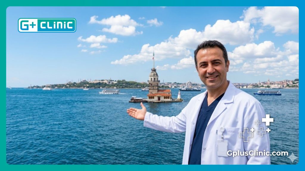 Médico dando la bienvenida a los pacientes en Estambul frente al Bósforo.