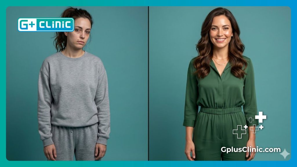 Split screen visualization showing enhanced female wellness and confidence.