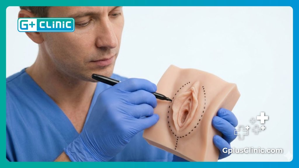 Close up of precise medical markings for aesthetic gynecology procedures.