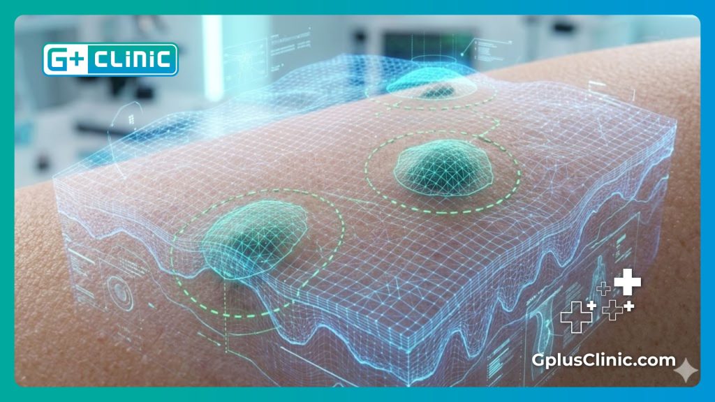 High-tech digital mesh surface scan of skin tissue showing precision technology