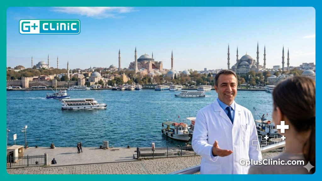 Smiling doctor welcoming a patient to an Istanbul clinic with city landmarks