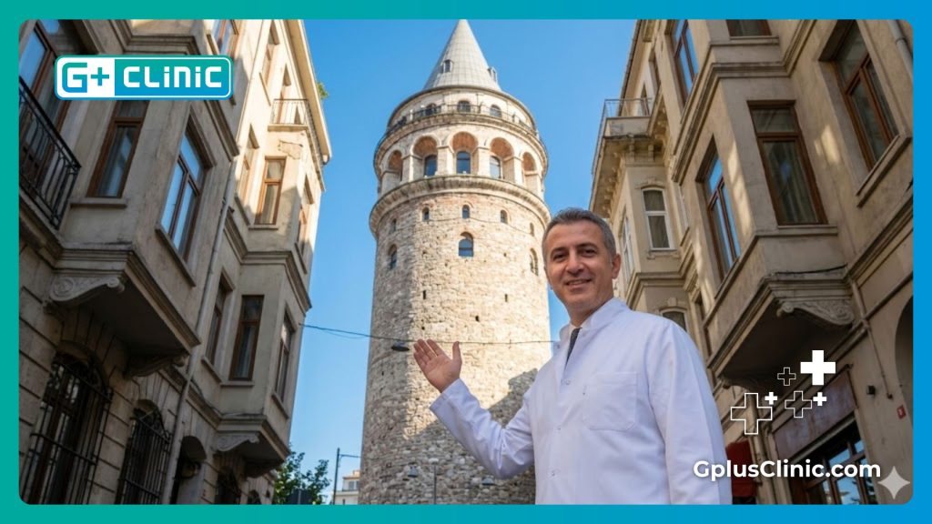 Médico dando la cálida bienvenida a Estambul junto a la Torre Gálata
