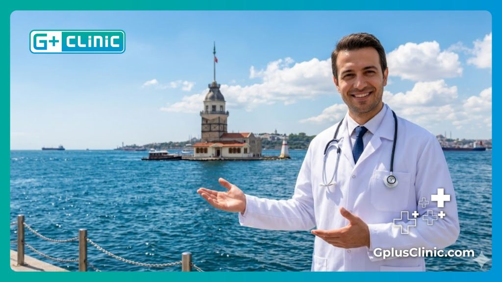طبيب تجميل يرحب بالمريضات في اسطنبول مع خلفية لبرج الفتاة ومضيق البوسفور.