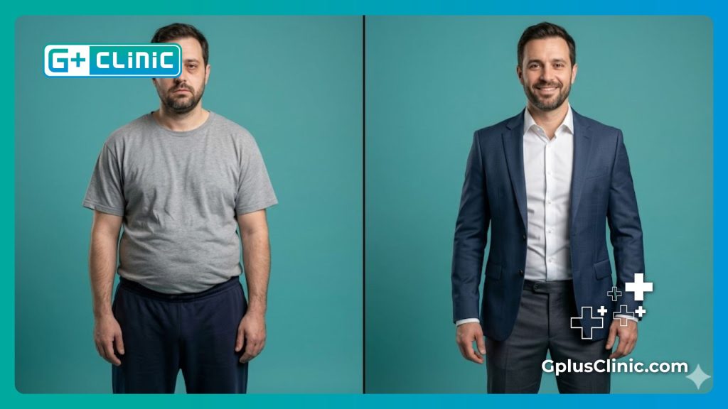 Comparaison avant et après montrant la transformation abdominale par scan