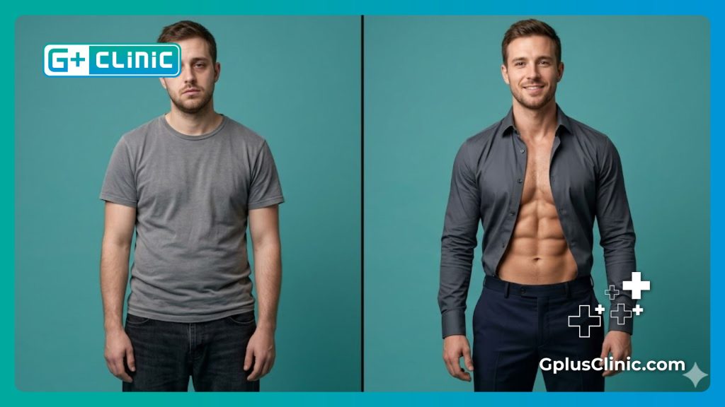 Split screen visual breakdown showcasing high-definition abdominal sculpting outcomes