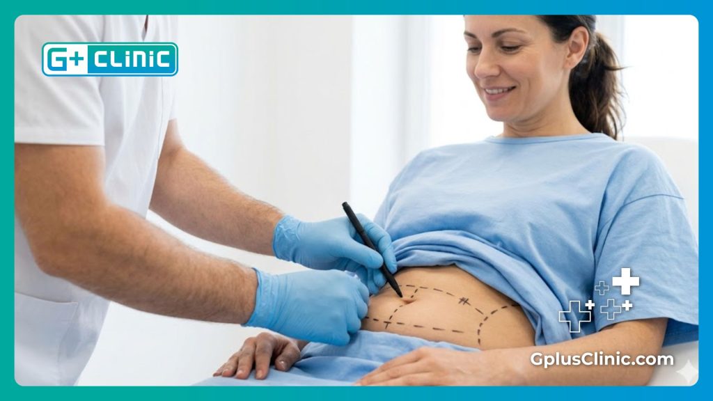 Close-up of medical markings drawn on the abdominal area before high-definition sculpting