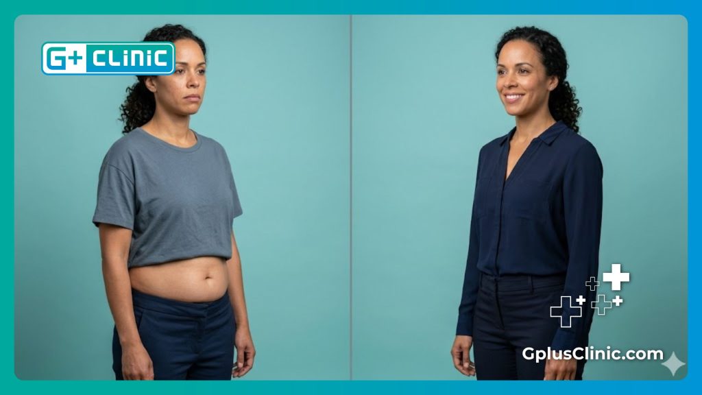 Before and after split screen showing a perfectly contoured flat stomach