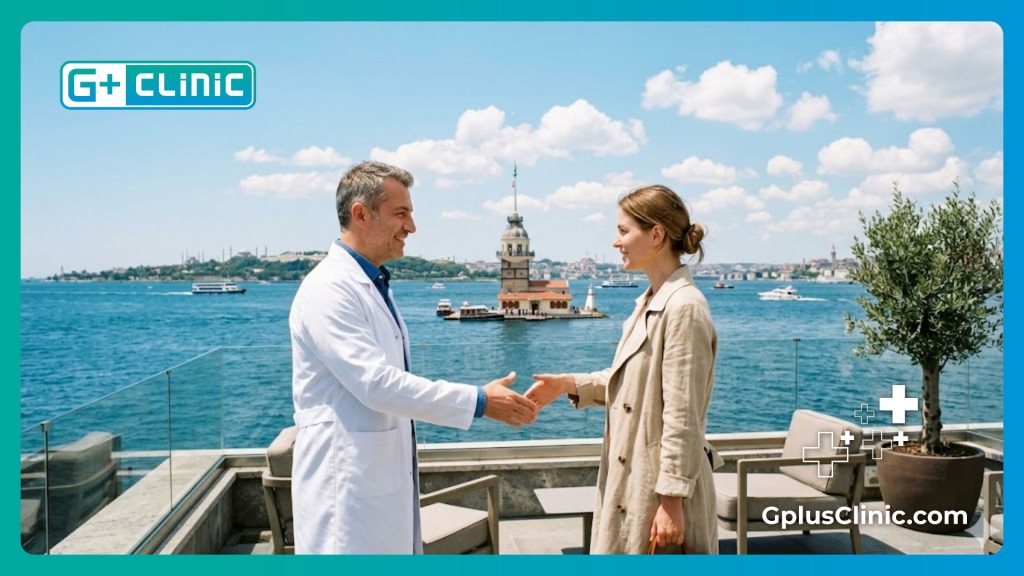 Friendly surgeon greeting a patient in Istanbul with the Bosphorus in the background