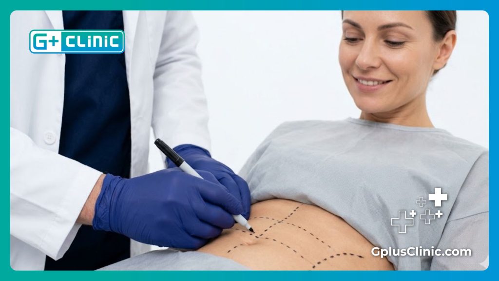 جراح تجميل يقوم برسم الخطوط التوجيهية الدقيقة على بطن المريض لضمان نجاح الإجراء.