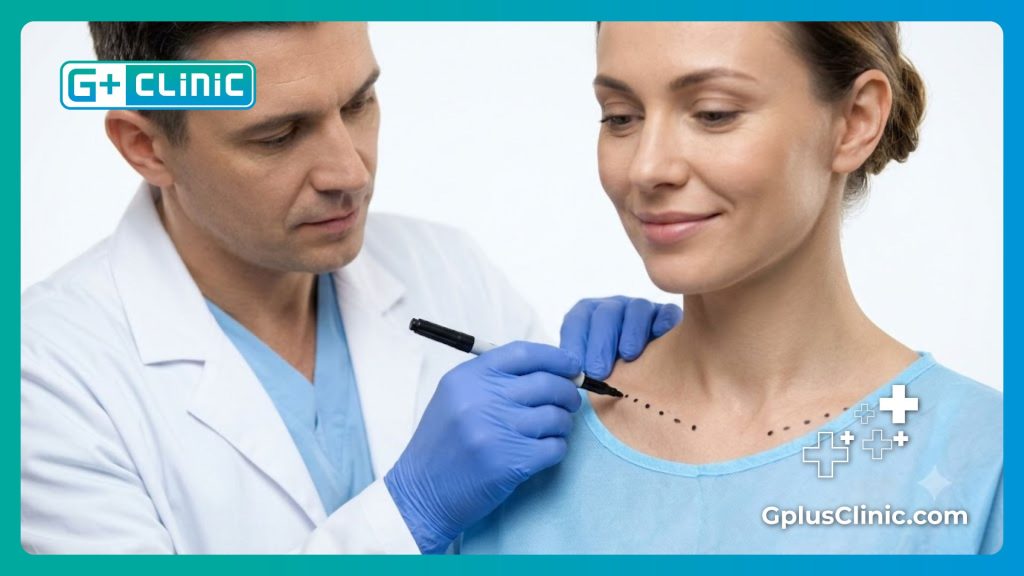 Surgeon making precise surgical markings for optimal breast symmetry.