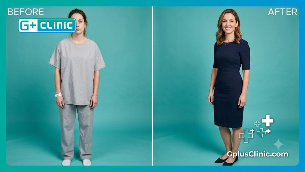 Split screen showcasing a successful breast reconstruction transformation.