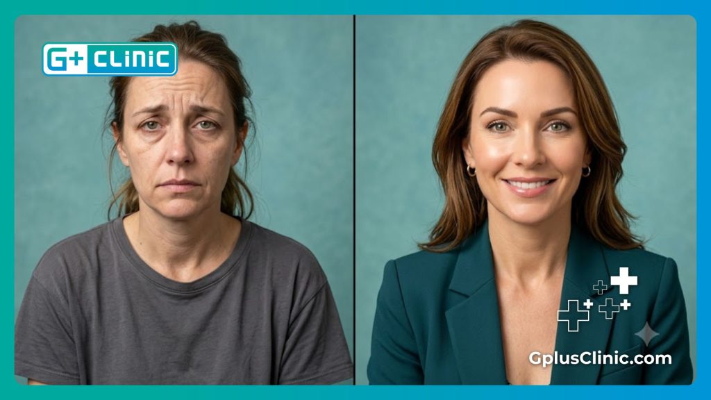 Split screen transformation showing upper face and brow elevation