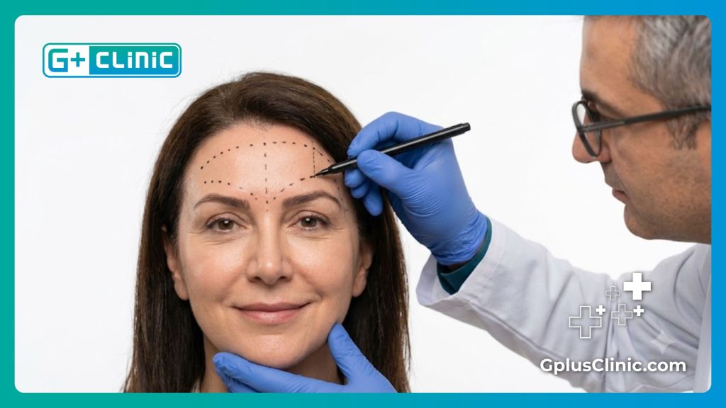 Close up of doctor drawing surgical marks on the patient's forehead for flawless results