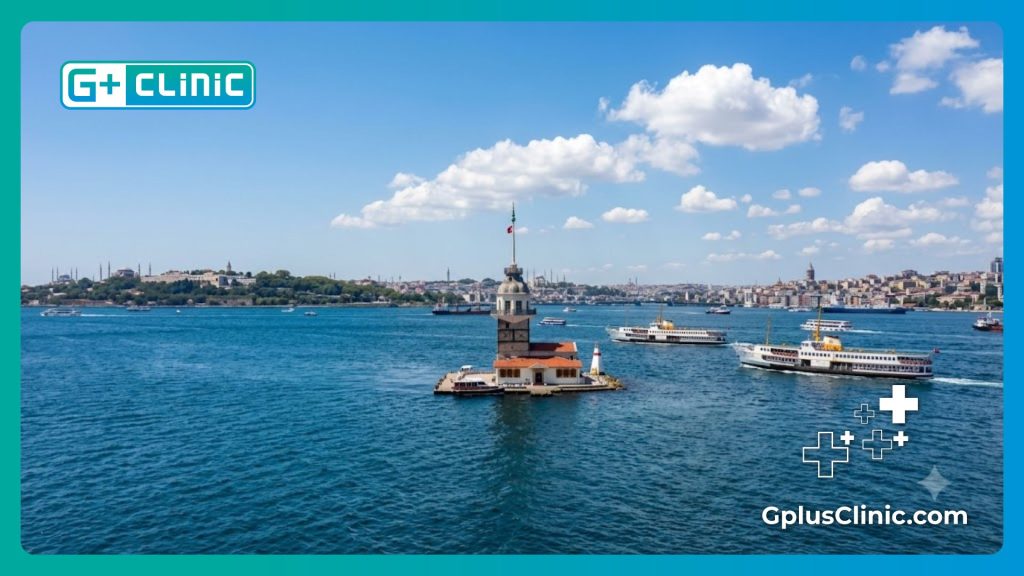 Chirurgien accueillant une patiente devant un monument emblématique d'Istanbul