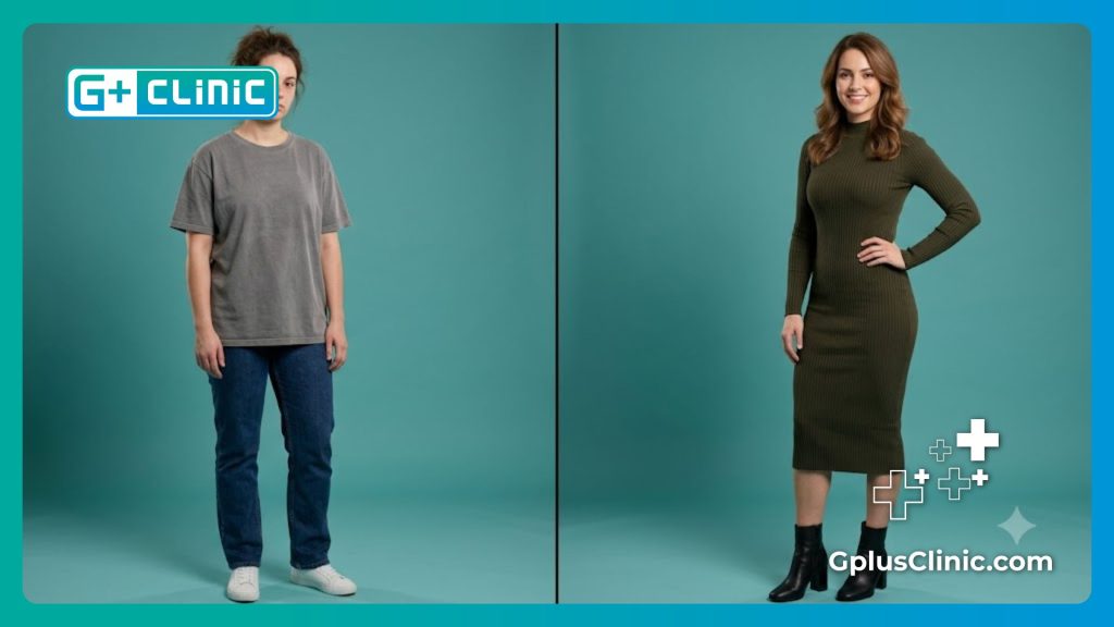 Split screen showing body contouring results before and after