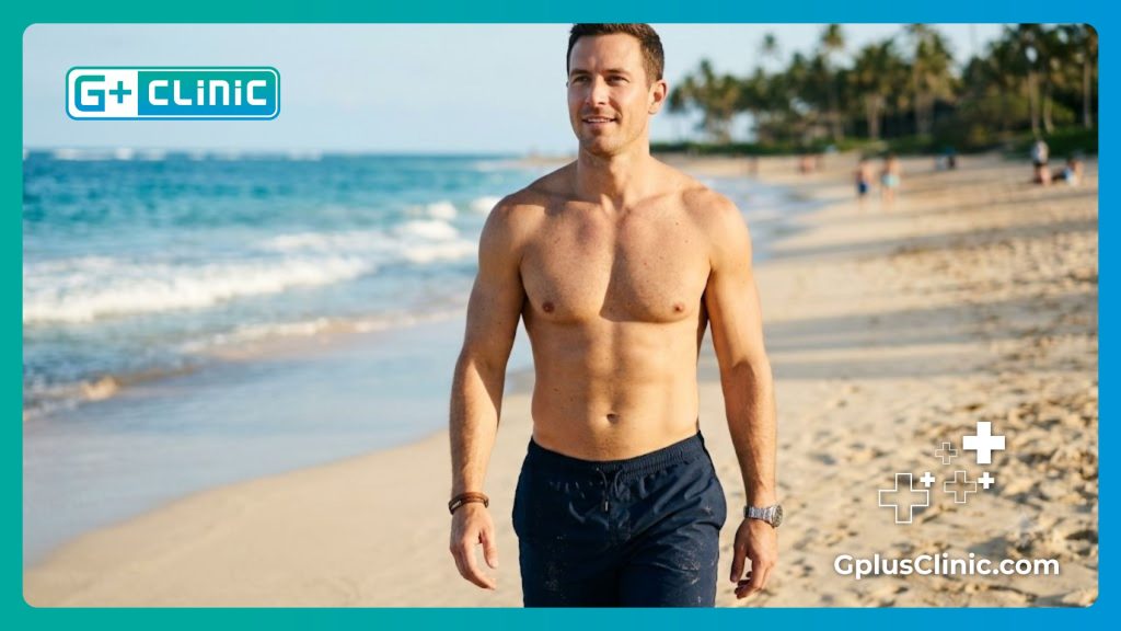 A confident man with a flat chest displaying the flawless outcome of male breast reduction