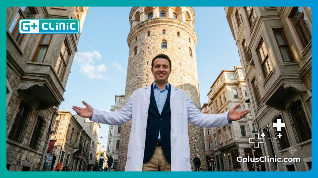 Smiling surgeon welcoming a patient near the Galata Tower in Istanbul for chest surgery