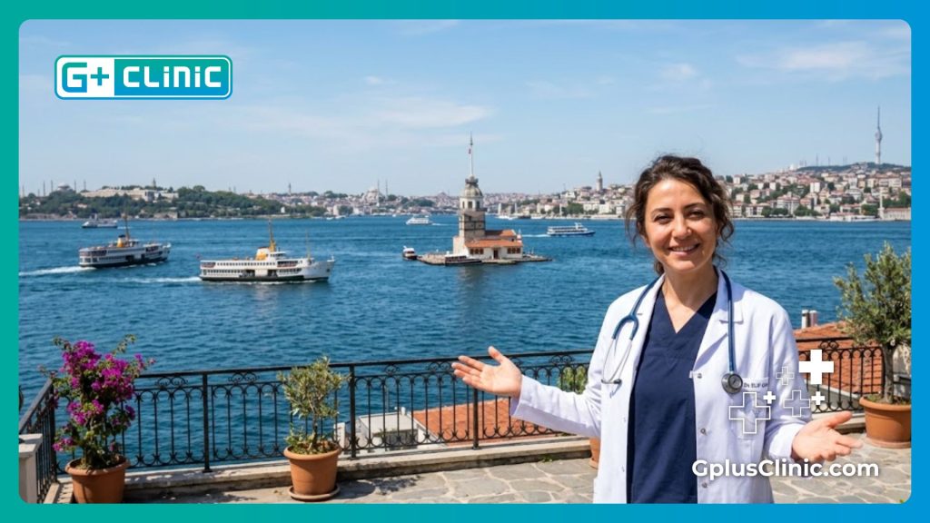 Doctor dando la bienvenida al paciente en la hermosa ciudad de Estambul