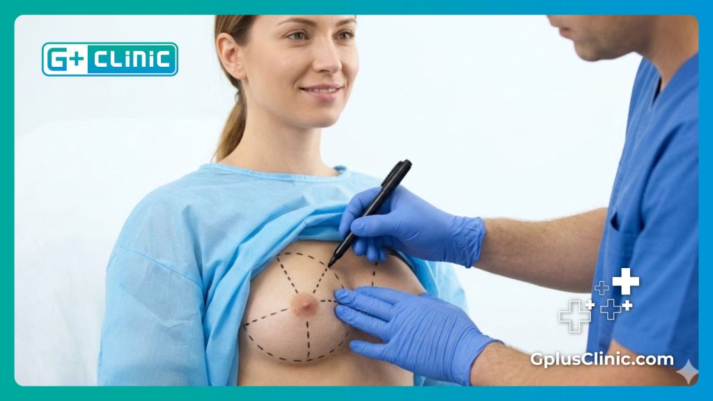 Close-up of medical marking guidelines on the patient's skin before fat transfer procedure.