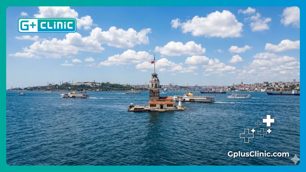 Professional medical expert welcoming international patients to Istanbul with the Bosphorus Strait background.