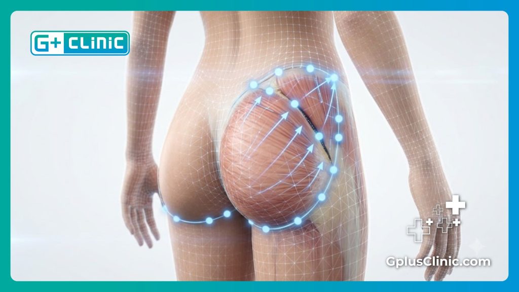 High-tech 3D digital mesh visualization of gluteal anatomy and structural mapping.