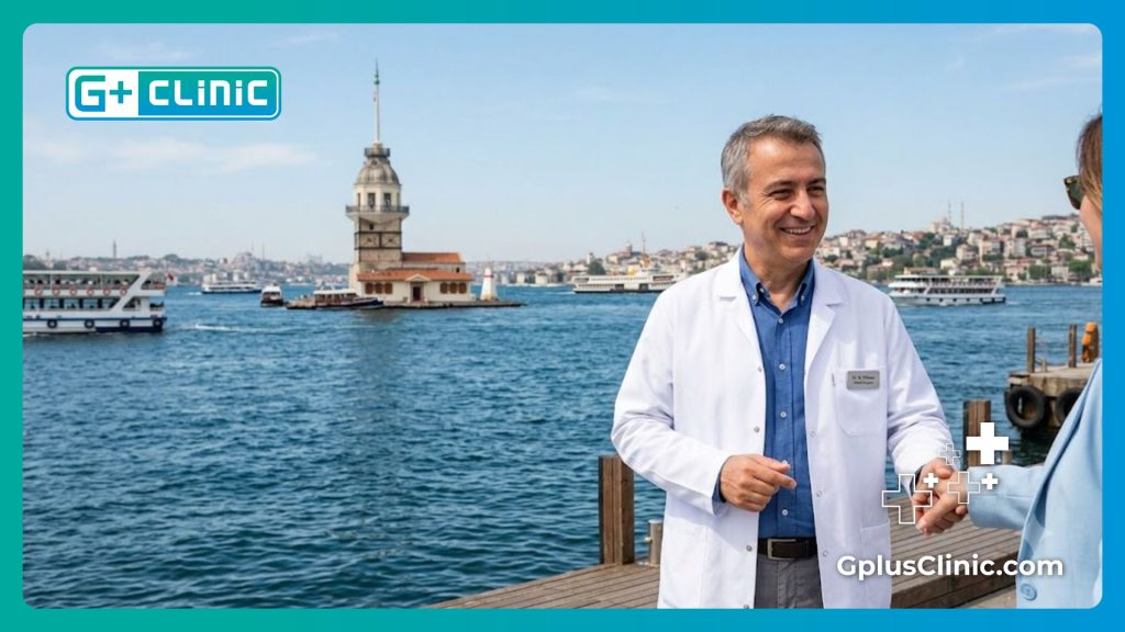 Smiling doctor welcoming a medical tourist by the beautiful Bosphorus in Istanbul.
