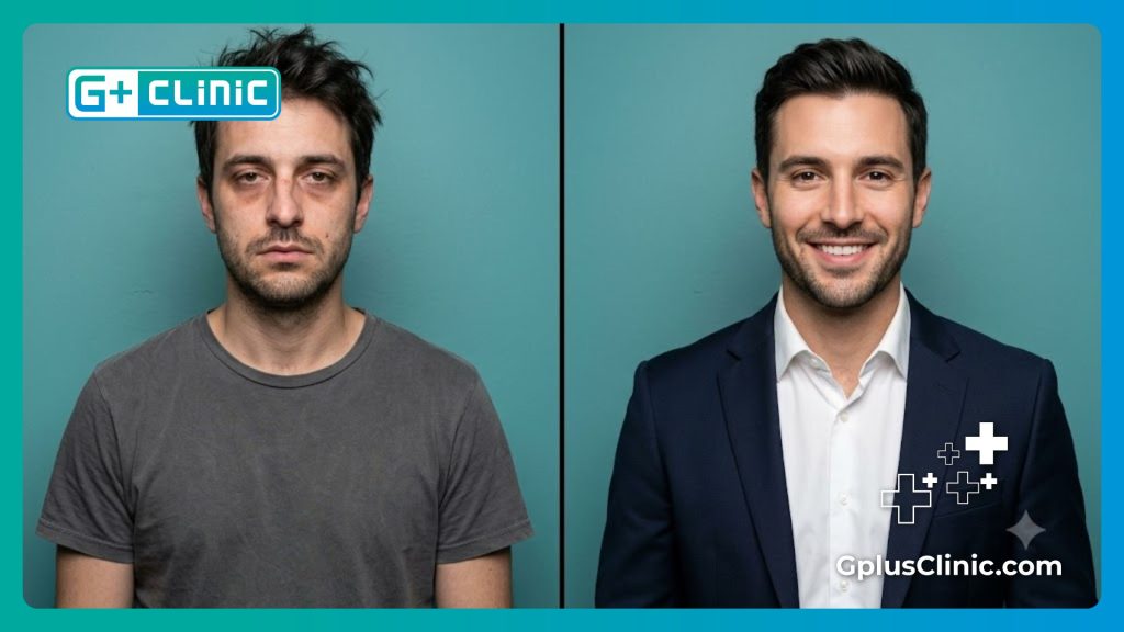Split screen showing the clear Benefits of Male Rhinoplasty in Turkey on a male patient